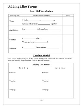 Preview of Adding Like Terms - Seventh Grade Guided Notes Packet