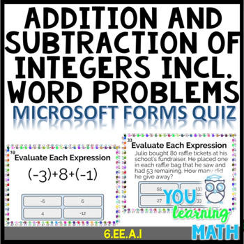 Preview of Combining Integers including Word Problems: Microsoft OneDrive Forms Quiz