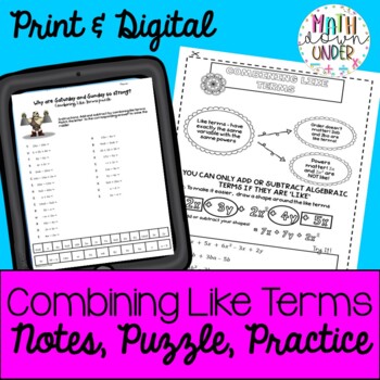 Preview of Combining Like Terms Activities- Notes, Puzzle, Practice PDF & Digital