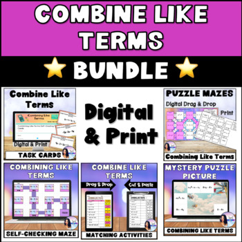 Preview of Combining Like Terms Bundle Digital Print Activities Distance Learning Hybrid