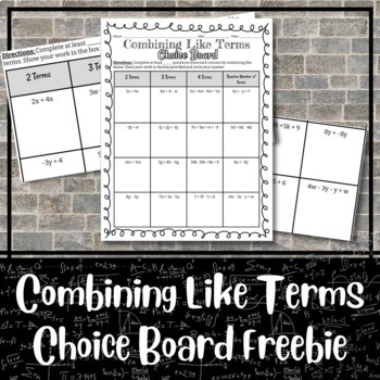 Preview of Combining Like Terms Choice Board Worksheet  | Freebie!