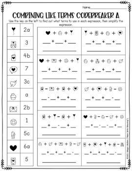 Combining Like Terms Codebreaker Worksheet Fun And No Prep Valentine S Day