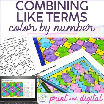 Preview of Combining Like Terms Color by Number Math Worksheets 6th Grade Coloring Pages
