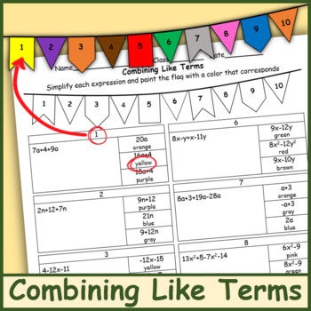 Preview of Combining Like Terms Coloring Activity