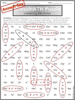 Combining Like Terms CrossMATH Puzzle by Algebra Accents | TpT