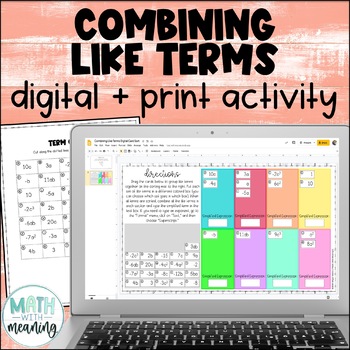 Preview of Combining Like Terms Digital and Print Card Sort Activity