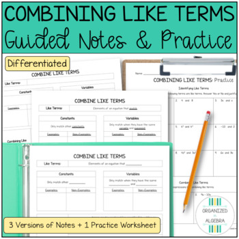 Preview of Combining Like Terms Differentiated Guided Notes and Worksheet Algebra 1
