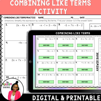 Preview of Combining Like Terms Worksheet