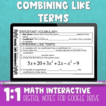 Preview of Combining Like Terms Digital Notes