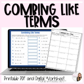 Preview of Combining Like Terms Digital and Paper Worksheet