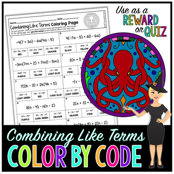 Preview of Combining Like Terms & Distributive Property Math Color By Number or Quiz #1