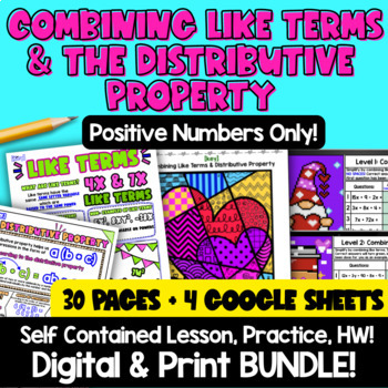 Preview of Combining Like Terms & Distributive Property Simplify Expressions Print Digital