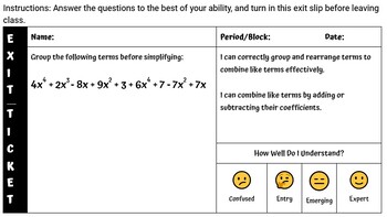 Preview of Combining Like Terms |Exit Ticket, Quick Check, Reflection Card | Google Doc