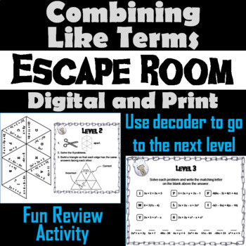 Preview of Combining Like Terms & Distributive Property Activity: Algebra Escape Room Game
