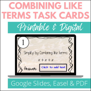 Preview of Combining Like Terms Level 1 Printable Task Cards in Google™ Slides