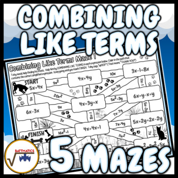 Preview of Combining Like Terms MAZES 5-PACK Printable Maze Worksheets (NO NEGATIVES)