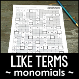 Combining Like Terms MONOMIALS Puzzle Activity