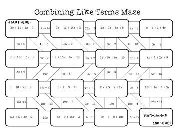 Combining Like Terms Maze by On A Teaching Tangent | TpT