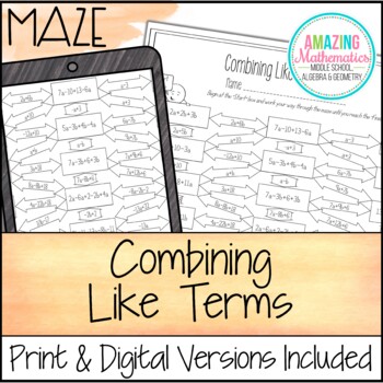 Preview of Combining Like Terms Worksheet ~ Maze Activity