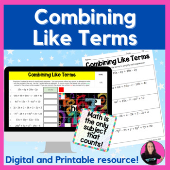 Preview of Combining Like Terms Mystery Picture Digital and Printable Activity