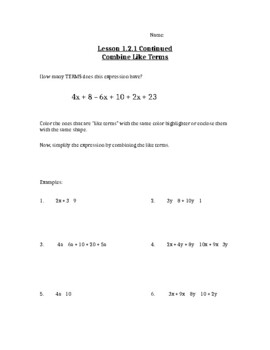 Preview of Combining Like Terms Note Sheet