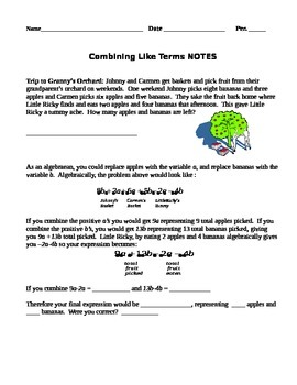 Preview of Combining Like Terms Notes