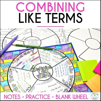 Preview of Combining Like Terms Guided Notes and Practice Doodle Math Wheel 6th, 7th Grade