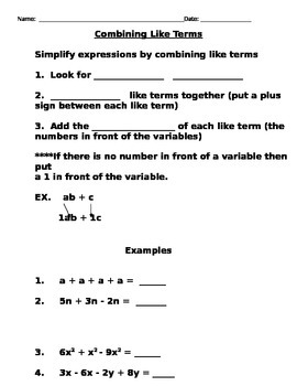 Preview of Combining Like Terms Notes and Assignments