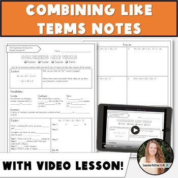 Preview of Combining Like Terms Notes and Video Lesson