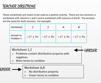 Combining Like Terms Differentiated Partner Worksheet by Teach Me I'm Yours