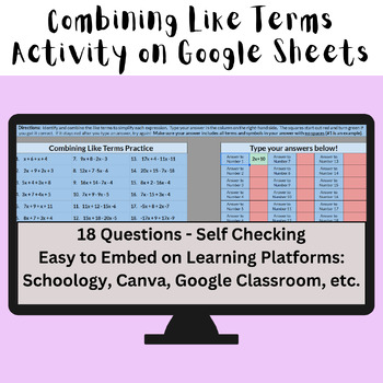 Preview of Combining Like Terms Practice Self Checking Digital Resource (on Google Sheets)