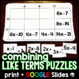 Combining Like Terms Puzzle Activities - print and digital
