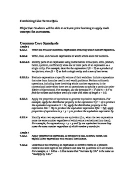 Preview of Combining Like Terms Quiz