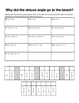 Preview of Combining Like Terms Riddle Worksheet