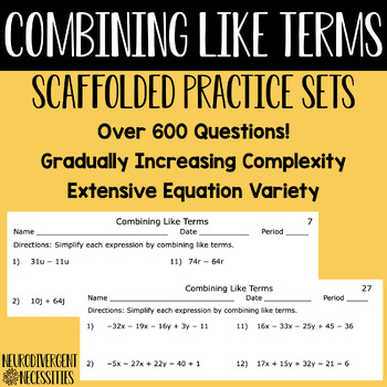 Preview of Combining Like Terms Scaffolded Practice Sets