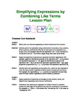 Preview of Combining Like Terms (Simplifying Expressions) Lesson Plans