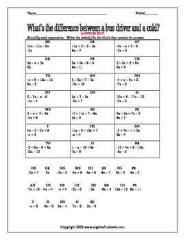 Combining Like Terms Worksheet (Single Variable) by Algebra Funsheets