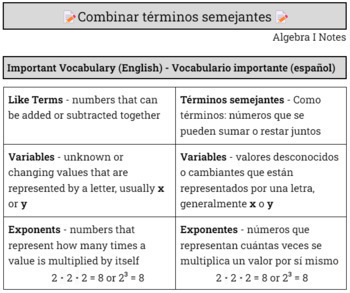 Preview of Combining Like Terms (Spanish) Student Notes Algebra I