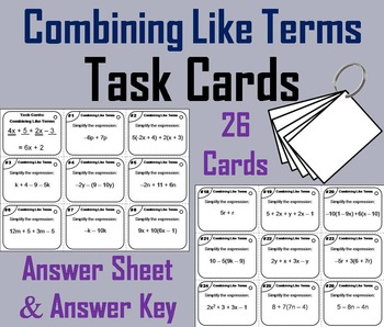 Preview of Distributive Property and Combining Like Terms Task Cards Activity