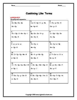 terms combining worksheet two variables algebra worksheets subject math grade fun