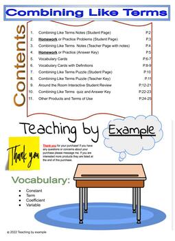 Preview of Combining Like Terms Unit 25 pages with Plans, Notes, Activities, Quizzes & More