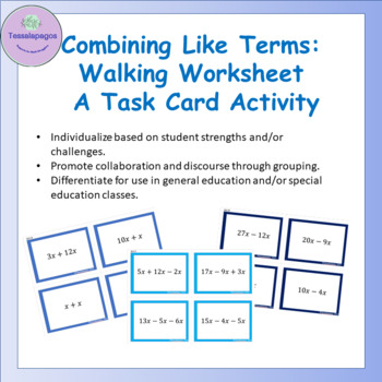 Preview of Combining Like Terms: Walking Worksheet Task Cards and Activities