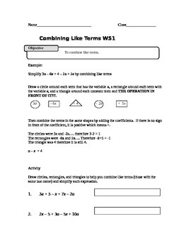 Preview of Combining Like Terms Worksheet