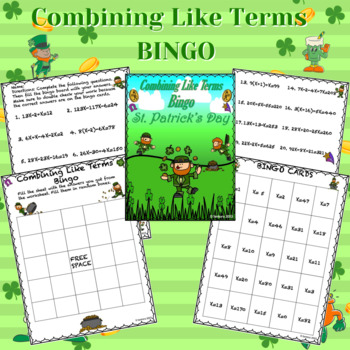 Preview of Combining Like Terms Worksheet | Bingo | St. Patrick's Day | 6th, 7th, 8th Grade