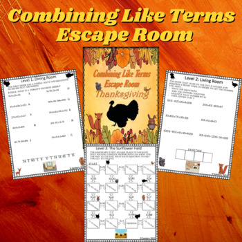 Preview of Combining Like Terms Worksheet | Escape Room | Thanksgiving | 6th/7th/8th Grade