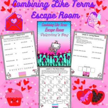 Preview of Combining Like Terms Worksheet | Escape Room | Valentines Day | 6, 7, 8 Grade