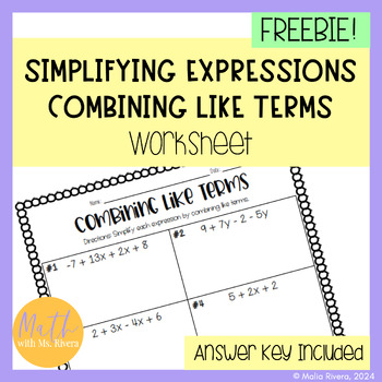 Preview of Simplifying Expressions with Combining Like Terms Worksheet Pre Algebra | FREE