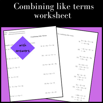 Preview of Combining Like Terms Worksheet (with answers)