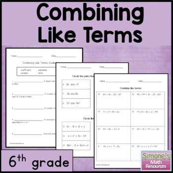 Preview of Combining Like Terms Worksheets 6th Grade