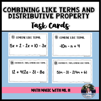 Preview of Combining Like Terms and Distributive Property Printable Task Cards